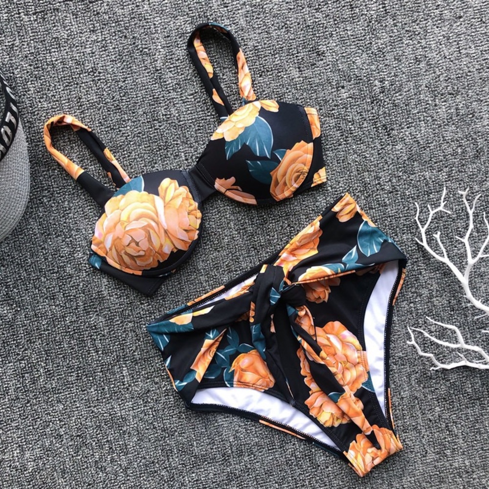 🌺⛱Floral High Waist Bikini Set Black - Picture 3 of 6